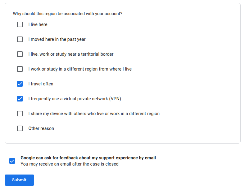 Google country association request reasons